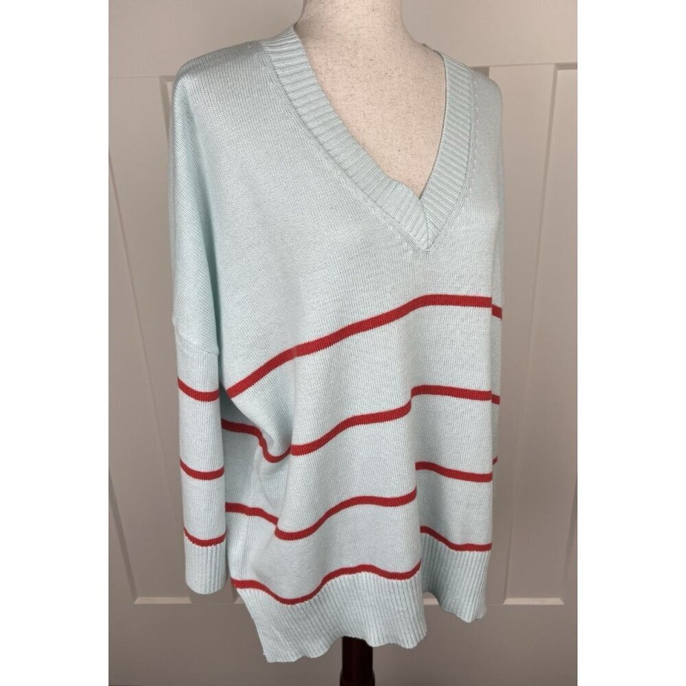 Mersea Oversized V-Neck Sweater Aqua Red Stripe Coastal Knit One Size Tunic - Picture 7 of 9